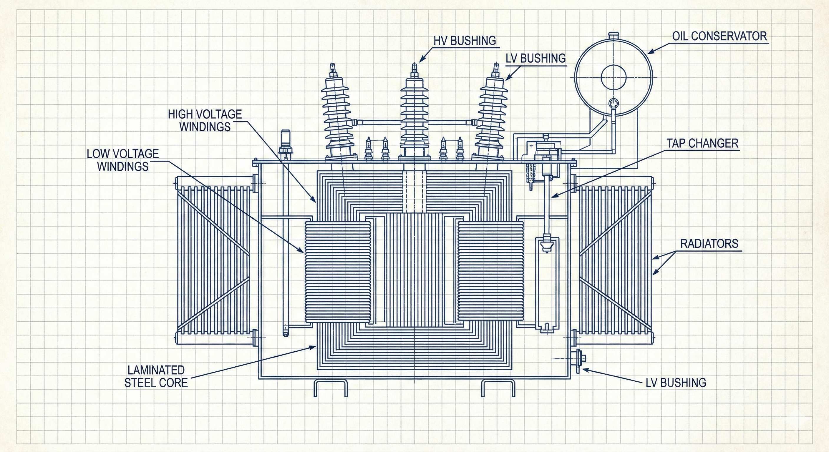Technical blueprint drawing of a high-voltage power transformer showing labeled components including HV and LV bushings, oil conservator, high and low voltage windings, tap changer, radiators, and laminated steel core